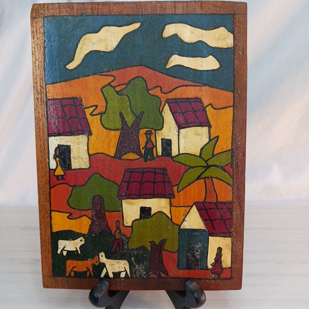 Vintage Wooden Folk Art Panel Latin Scene